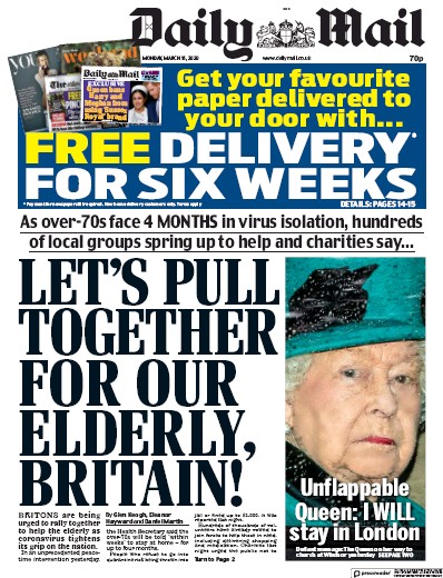 Daily Mail Newspaper Front Page (UK) for 16 March 2020