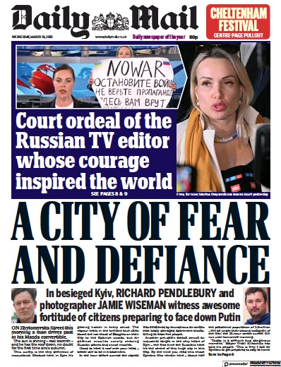 Daily Mail Newspaper Front Page (UK) for 16 March 2022