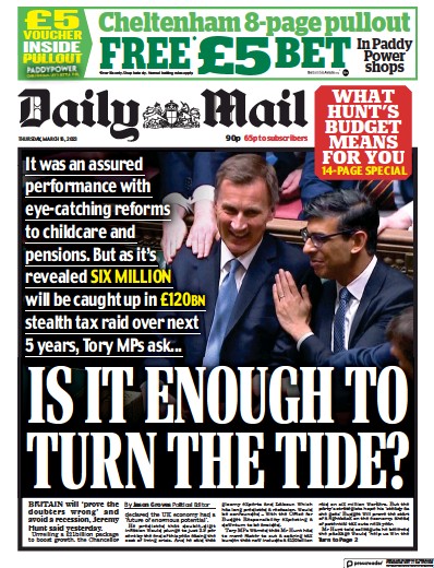 Daily Mail Newspaper Front Page (UK) for 16 March 2023