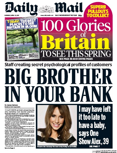Daily Mail Newspaper Front Page (UK) for 16 April 2016