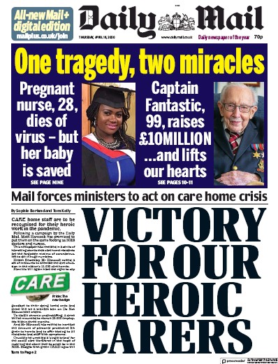 Daily Mail Newspaper Front Page (UK) for 16 April 2020