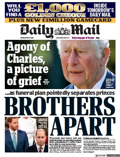 Daily Mail Newspaper Front Page (UK) for 16 April 2021