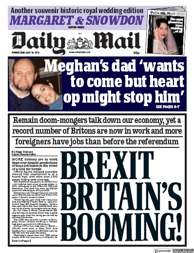 Daily Mail Newspaper Front Page (UK) for 16 May 2018