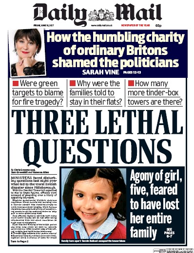 Daily Mail Newspaper Front Page (UK) for 16 June 2017