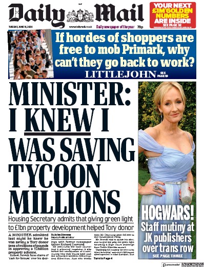 Daily Mail Newspaper Front Page (UK) for 16 June 2020