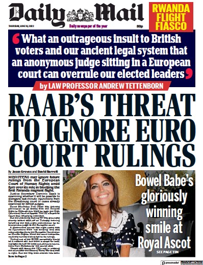 Daily Mail Newspaper Front Page (UK) for 16 June 2022