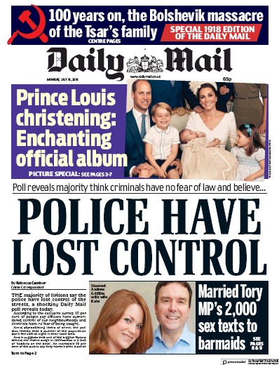 Daily Mail Newspaper Front Page (UK) for 16 July 2018