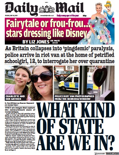 Daily Mail Newspaper Front Page (UK) for 16 July 2021