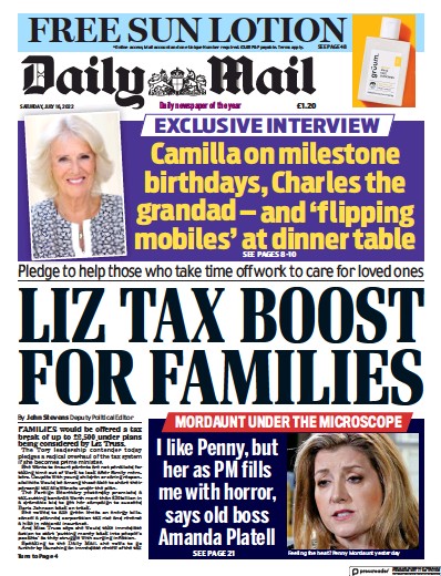 Daily Mail Newspaper Front Page (UK) for 16 July 2022