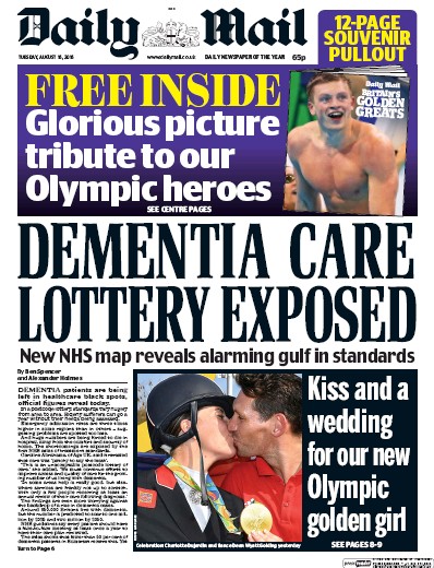 Daily Mail Newspaper Front Page (UK) for 16 August 2016
