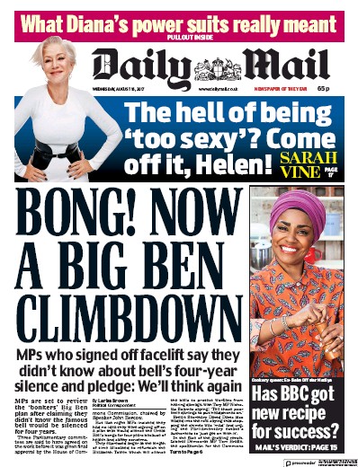 Daily Mail Newspaper Front Page (UK) for 16 August 2017
