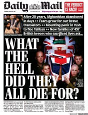 Daily Mail (UK) Newspaper Front Page for 16 August 2021