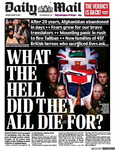 Daily Mail Newspaper Front Page (UK) for 16 August 2021