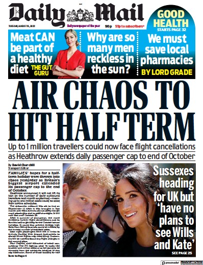 Daily Mail Newspaper Front Page (UK) for 16 August 2022