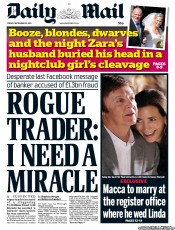 Daily Mail (UK) Newspaper Front Page for 16 September 2011