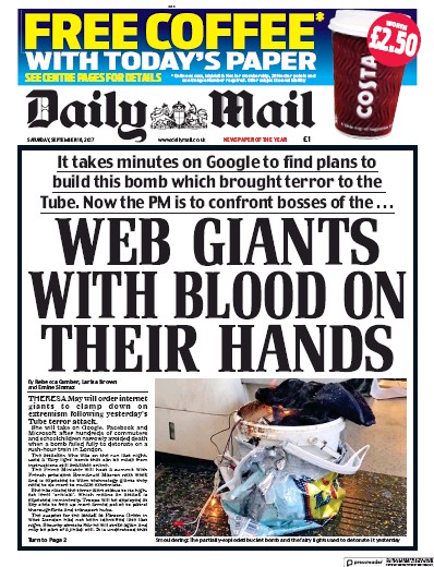 Daily Mail Newspaper Front Page (UK) for 16 September 2017