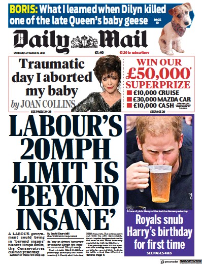Daily Mail Newspaper Front Page (UK) for 16 September 2023