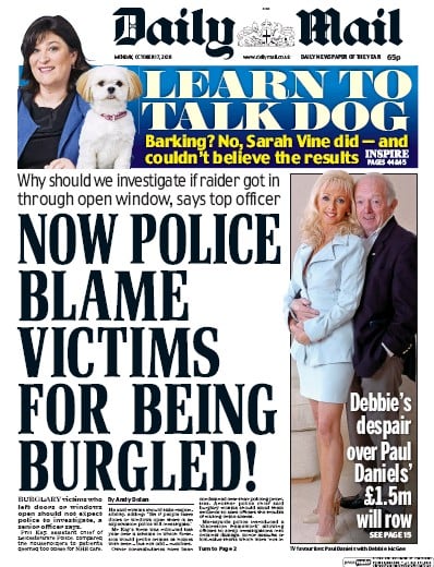 Daily Mail Newspaper Front Page (UK) for 17 October 2016