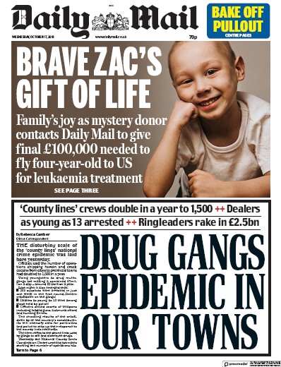 Daily Mail Newspaper Front Page (UK) for 17 October 2018