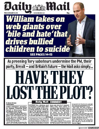 Daily Mail Newspaper Front Page (UK) for 17 November 2018