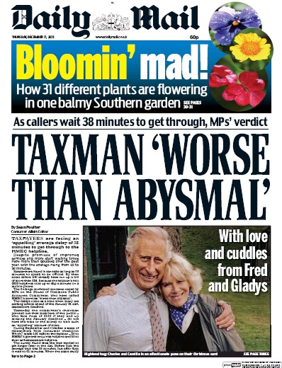 Daily Mail Newspaper Front Page (UK) for 17 December 2015