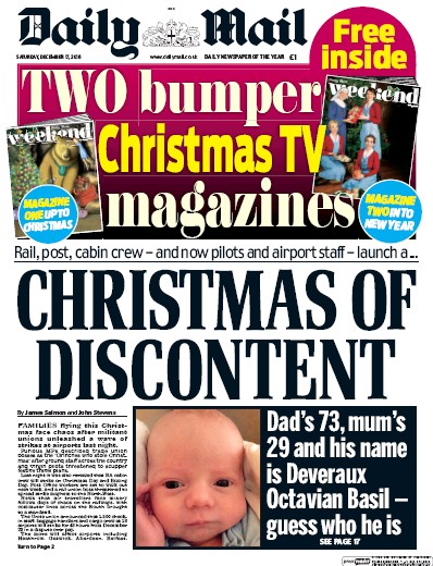 Daily Mail Newspaper Front Page (UK) for 17 December 2016