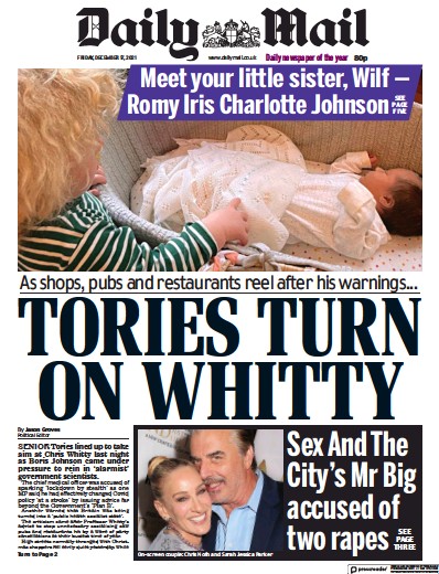 Daily Mail Newspaper Front Page (UK) for 17 December 2021