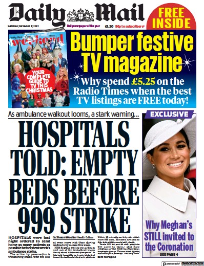 Daily Mail Newspaper Front Page (UK) for 17 December 2022