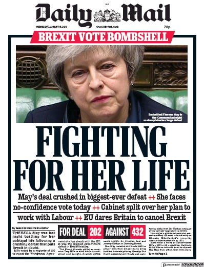 Daily Mail Newspaper Front Page (UK) for 17 January 2019