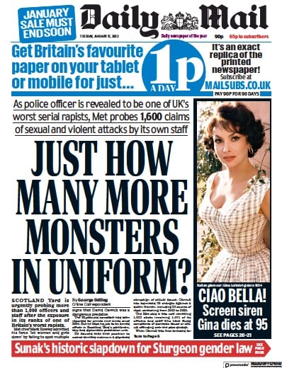 Daily Mail Newspaper Front Page (UK) for 17 January 2023