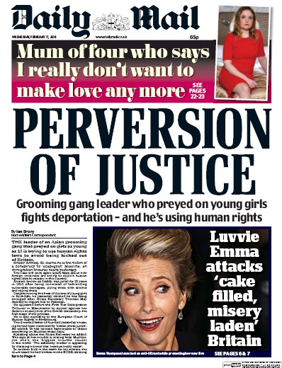 Daily Mail Newspaper Front Page (UK) for 17 February 2016
