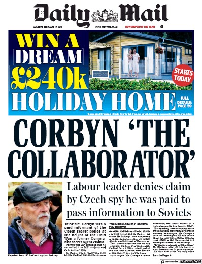 Daily Mail Newspaper Front Page (UK) for 17 February 2018