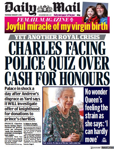 Daily Mail Newspaper Front Page (UK) for 17 February 2022