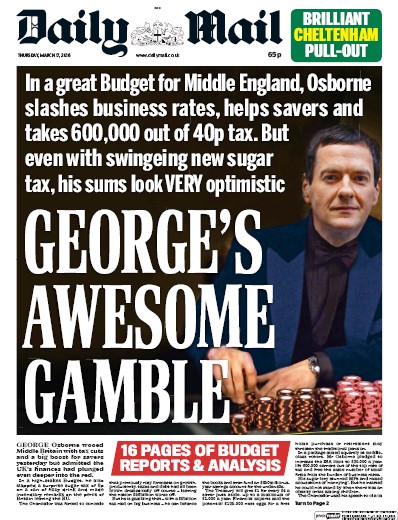 Daily Mail Newspaper Front Page (UK) for 17 March 2016