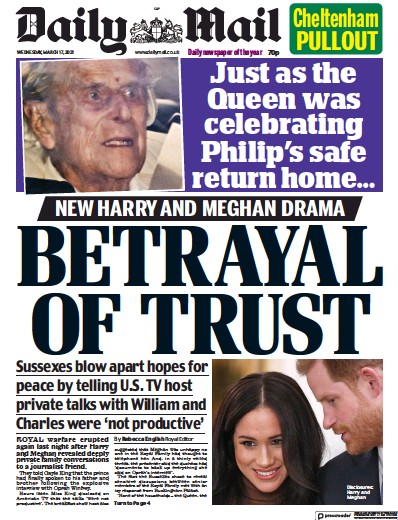 Daily Mail Newspaper Front Page (UK) for 17 March 2021