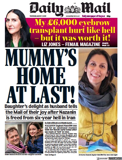 Daily Mail Newspaper Front Page (UK) for 17 March 2022