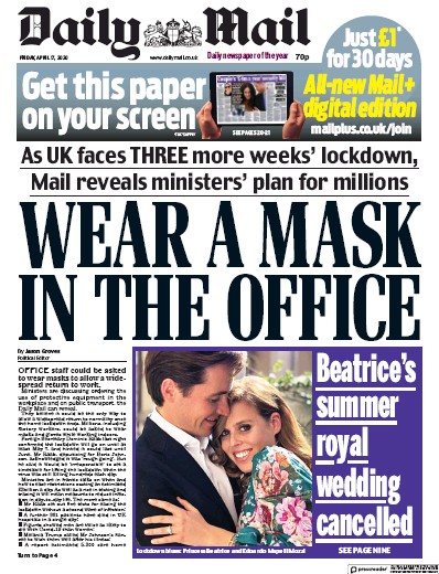 Daily Mail Newspaper Front Page (UK) for 17 April 2020