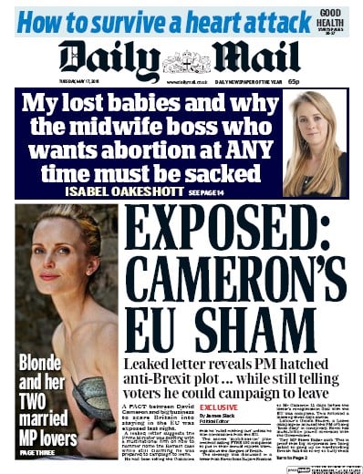 Daily Mail Newspaper Front Page (UK) for 17 May 2016
