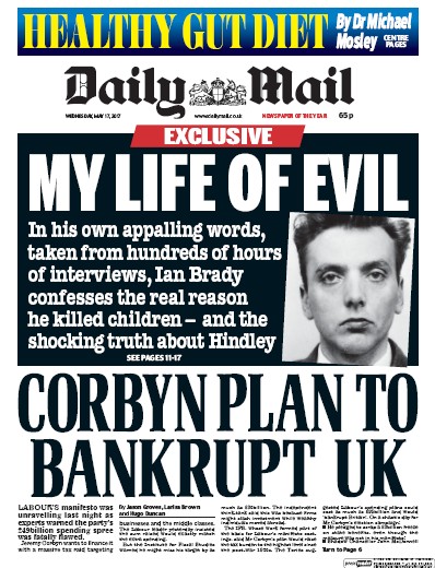 Daily Mail Newspaper Front Page (UK) for 17 May 2017