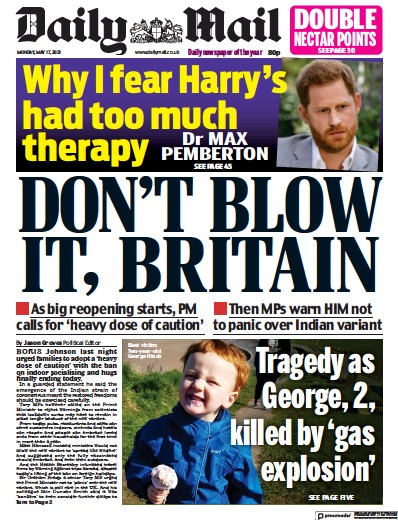 Daily Mail Newspaper Front Page (UK) for 17 May 2021