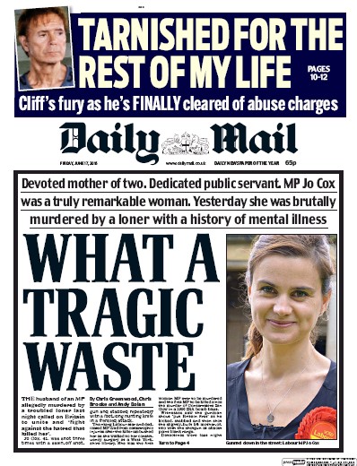 Daily Mail Newspaper Front Page (UK) for 17 June 2016