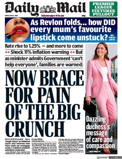 Daily Mail Newspaper Front Page (UK) for 17 June 2022