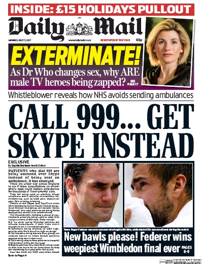 Daily Mail Newspaper Front Page (UK) for 17 July 2017