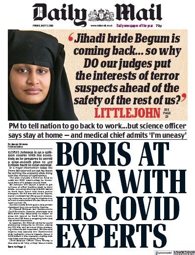 Daily Mail Newspaper Front Page (UK) for 17 July 2020