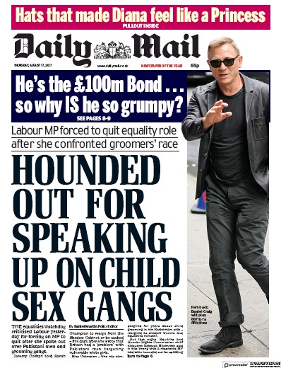 Daily Mail Newspaper Front Page (UK) for 17 August 2017