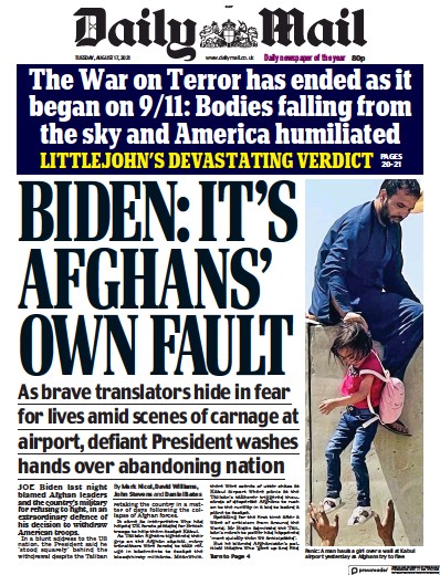 Daily Mail Newspaper Front Page (UK) for 17 August 2021