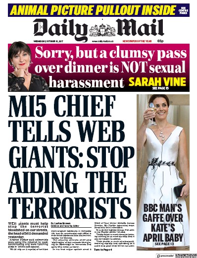 Daily Mail Newspaper Front Page (UK) for 18 October 2017