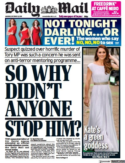 Daily Mail Newspaper Front Page (UK) for 18 October 2021