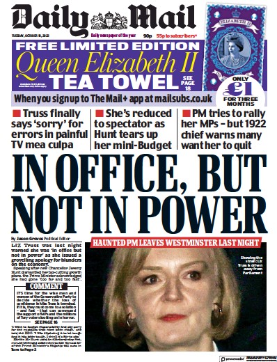 Daily Mail Newspaper Front Page (UK) for 18 October 2022