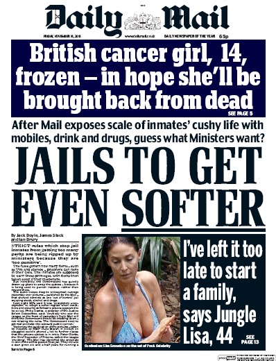 Daily Mail Newspaper Front Page (UK) for 18 November 2016